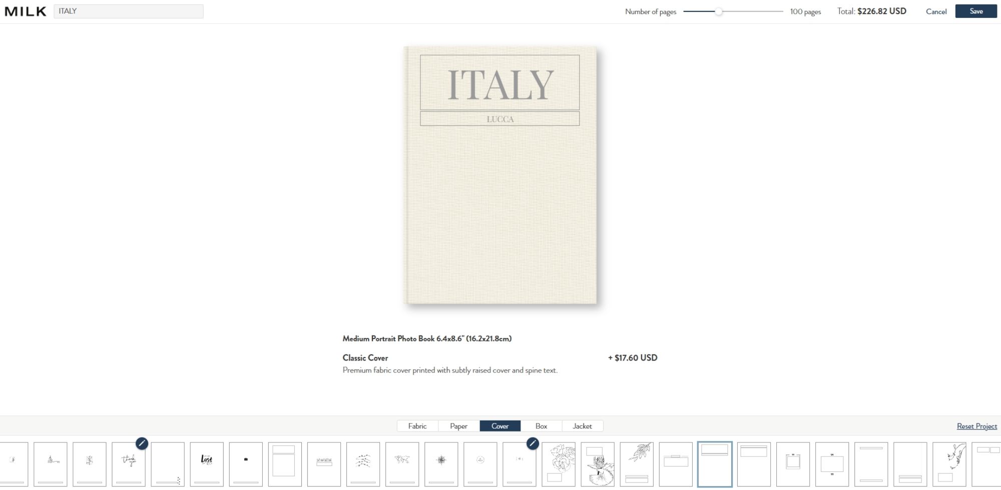 Screenshot of cover design selection in MILK Design Studio.