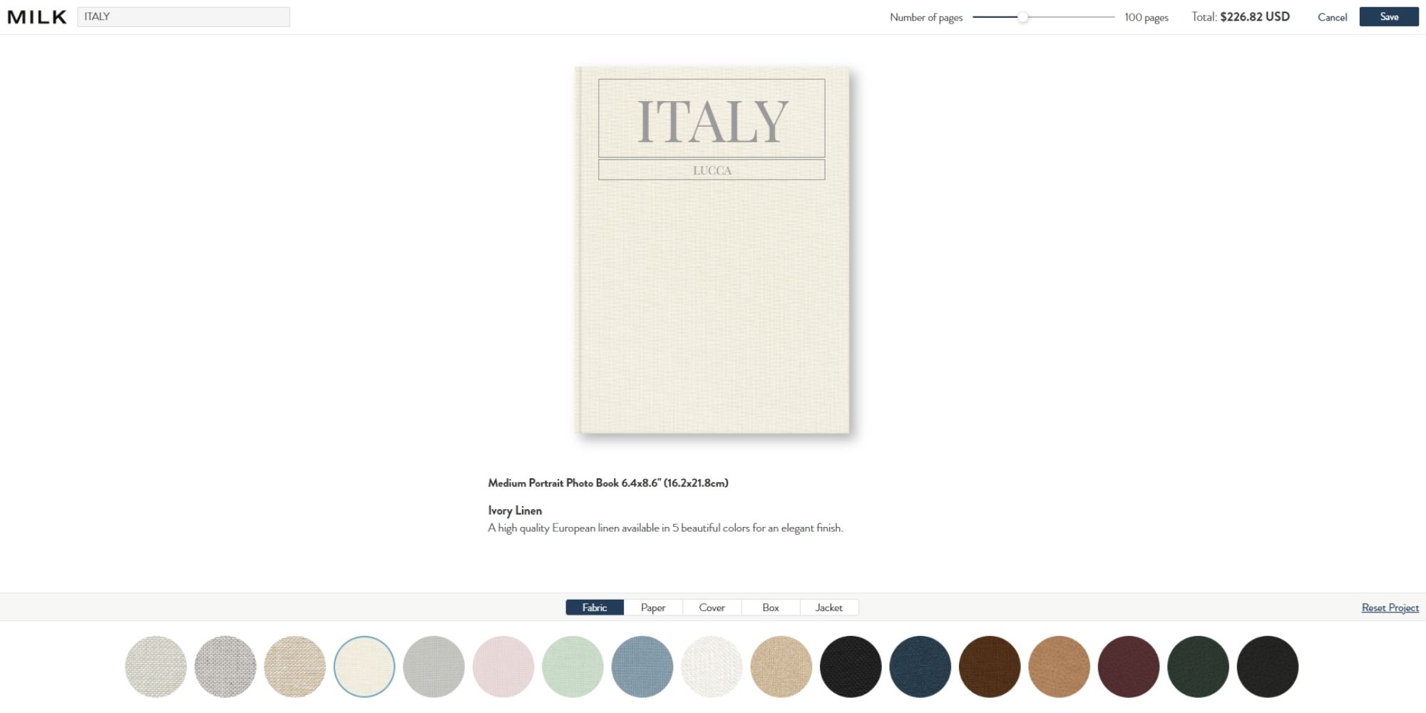 Screenshot of cover fabric selection in MILK Design Studio.