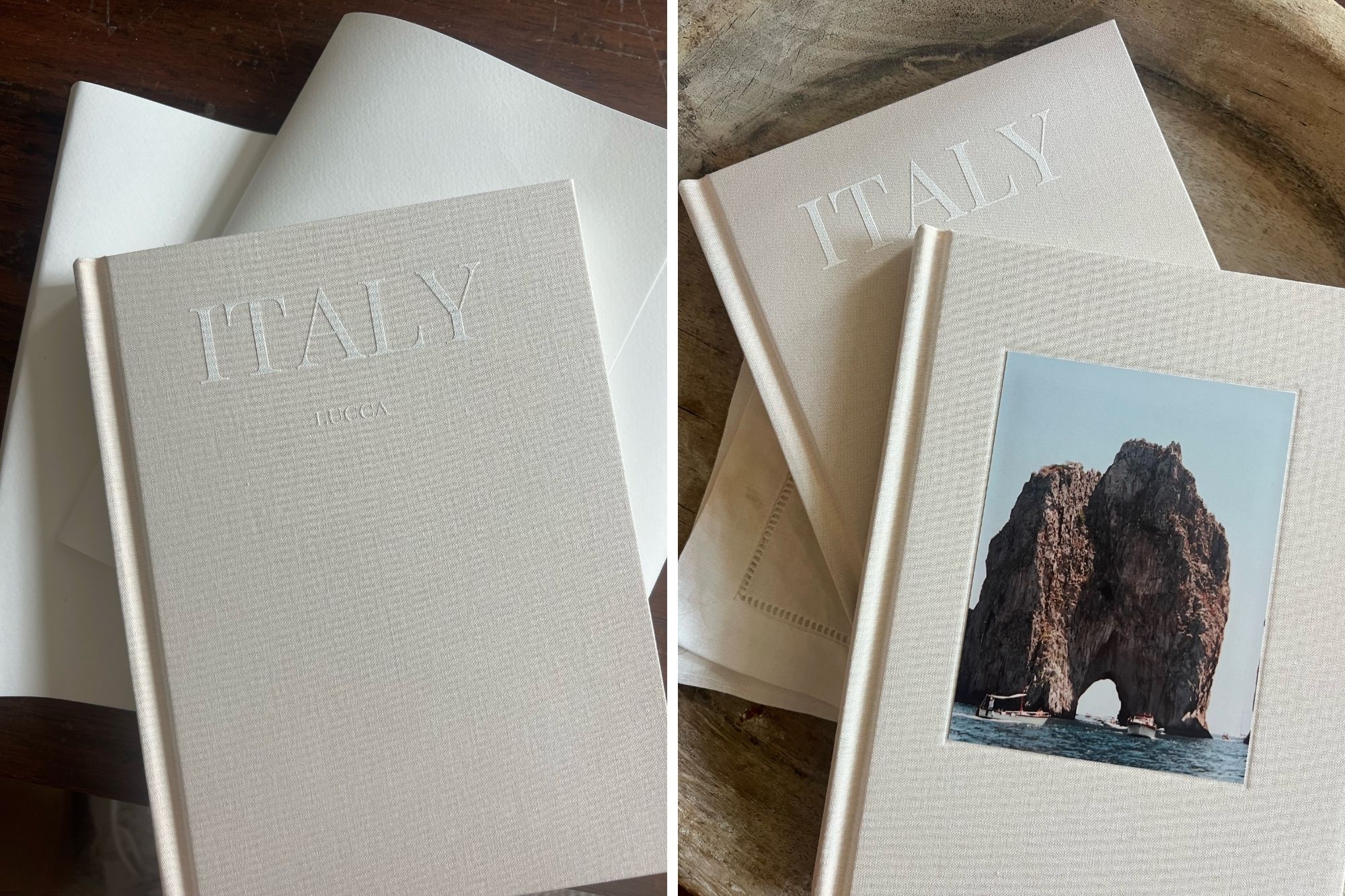 Two Italy styled books, one with the classic UV printed text on cover, the other with a warm cover image of cliffs.