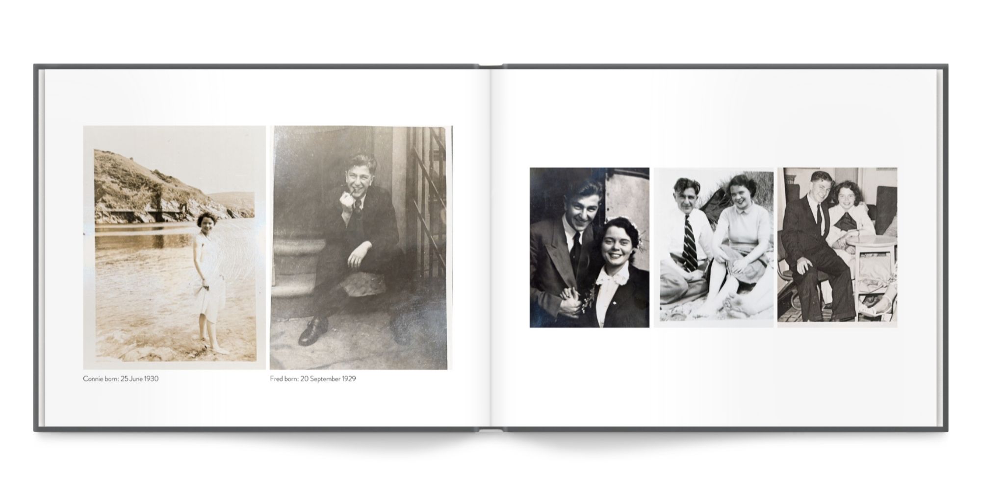 open photo book with old scanned film photos and captions