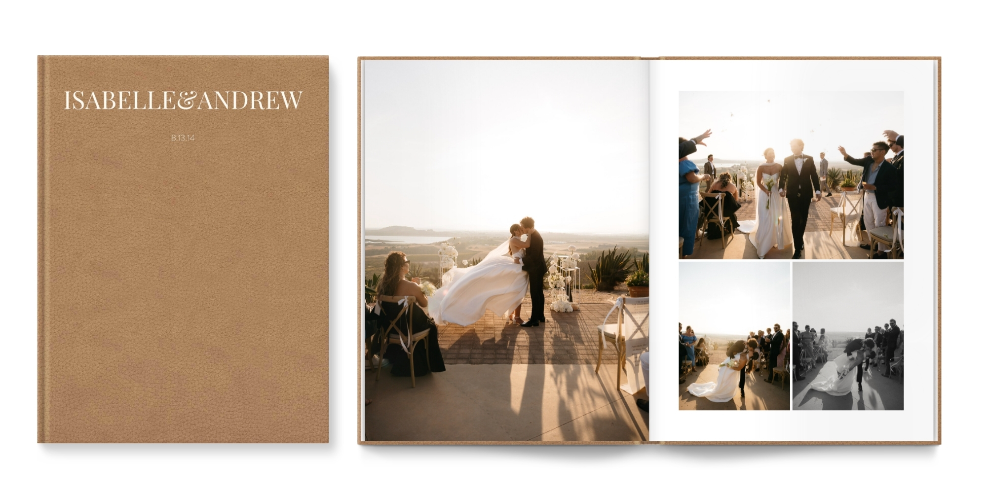 camel vegan leather cover with white text