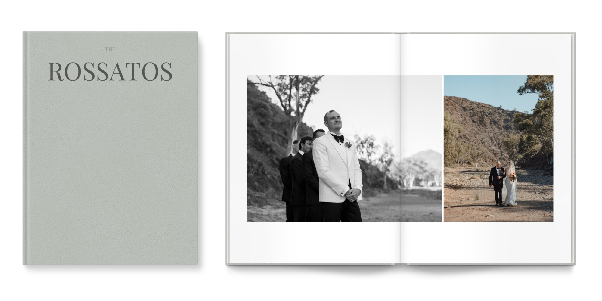 Grey leather cover of photo album with an open page