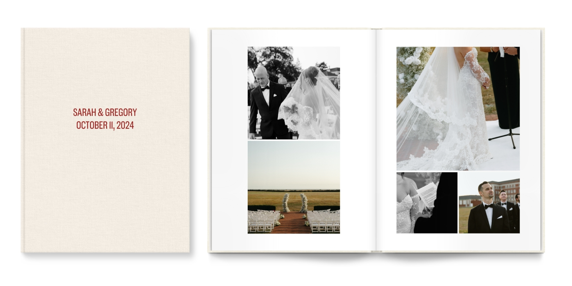 ivory photo book with red text