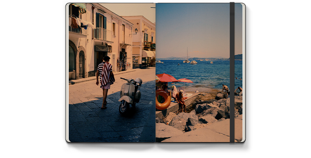 Open Portrait Moleskine Photo Book with Italy travel photos inside.