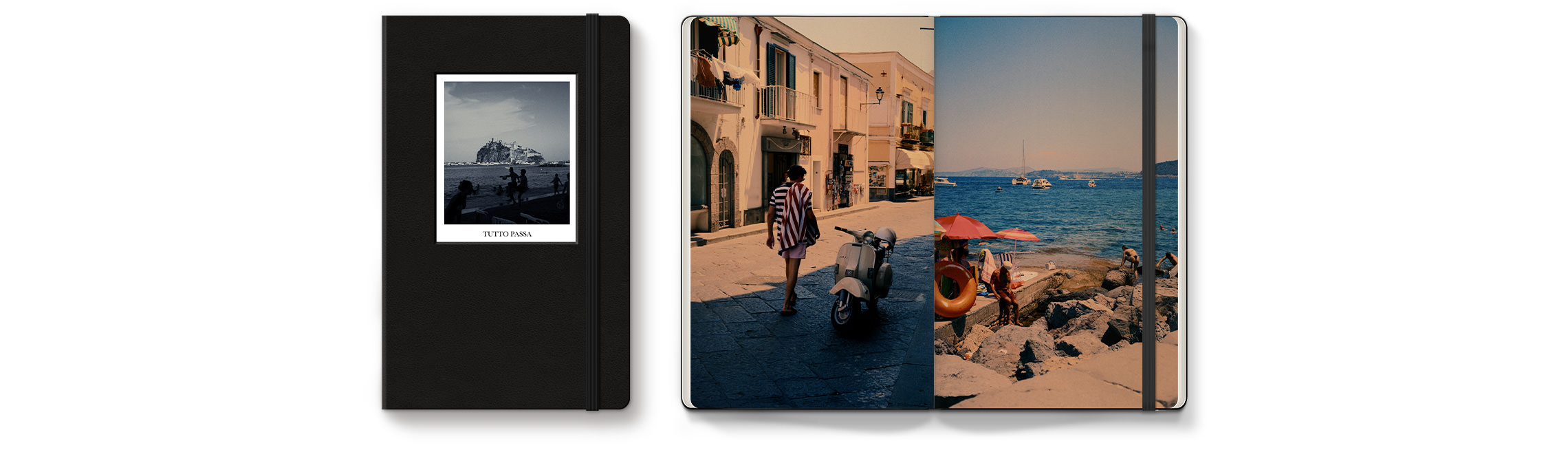 Open Portrait Moleskine Photo Book with Italy travel photos inside.