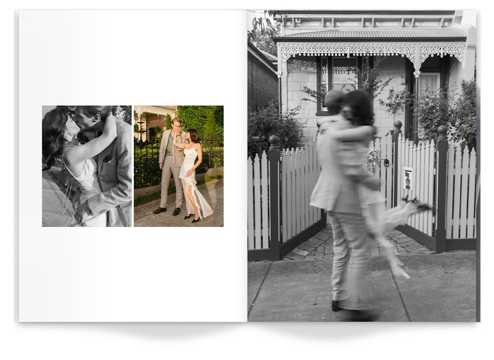 Open Wedding Magazine with a couple celebrating their wedding photos and engagement photos inside the pages.