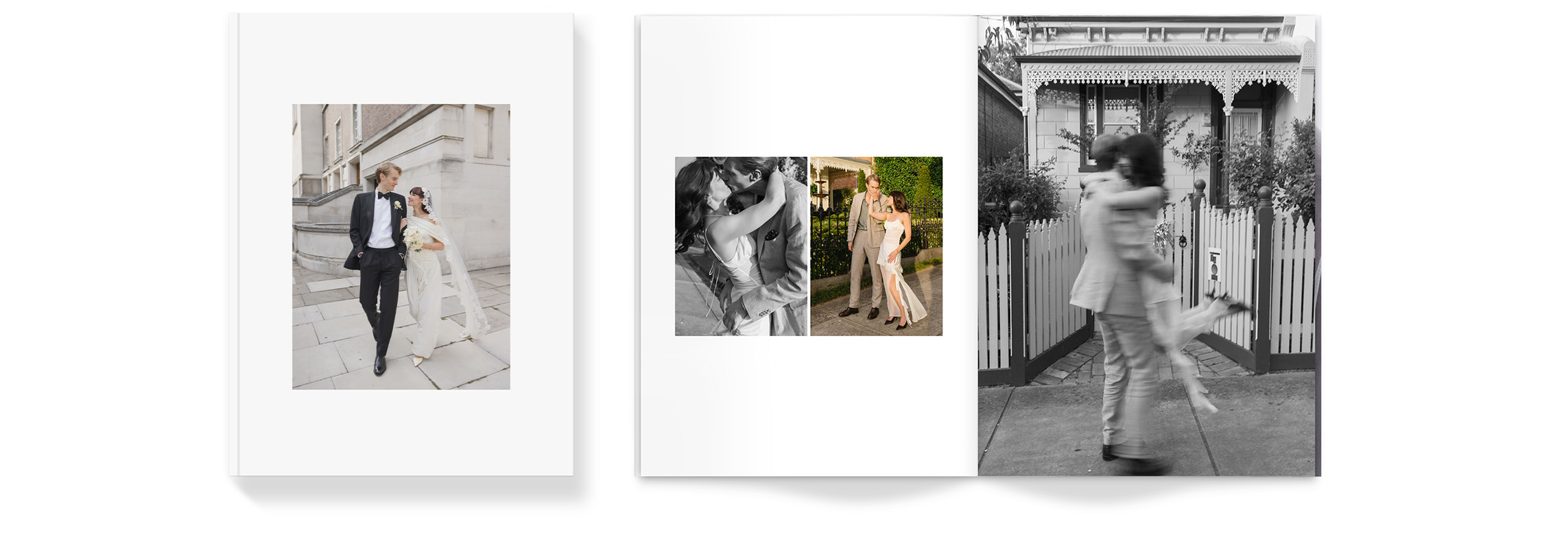 Open Wedding Magazine with a couple celebrating their wedding photos and engagement photos inside the pages.