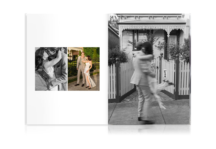 Open Wedding Magazine with a couple celebrating their wedding photos and engagement photos inside the pages.