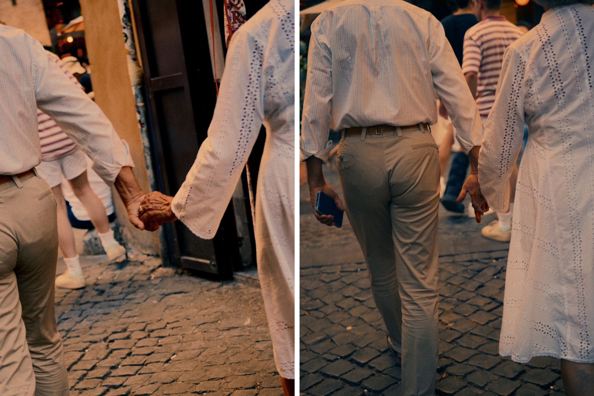 two photographs of Italian couple holding hands in a cobbled street