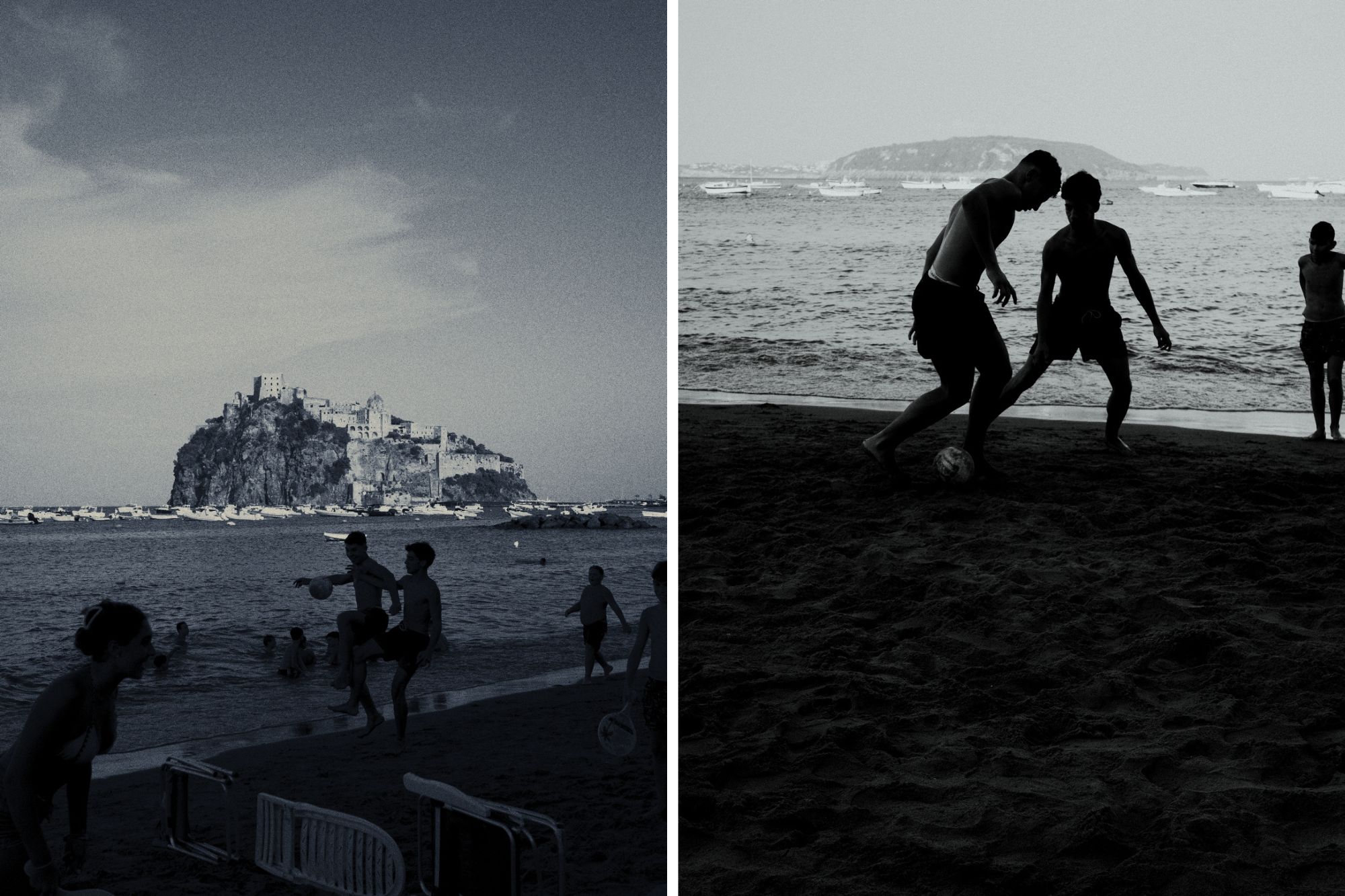 boys playing football on a beach in Italy