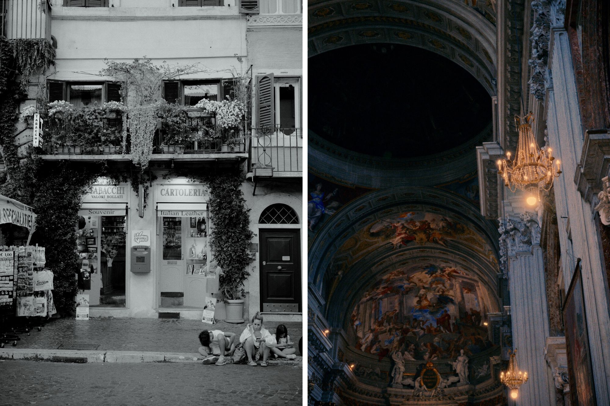 an Italian street in black and white and photograph of an eleborately painted church dome