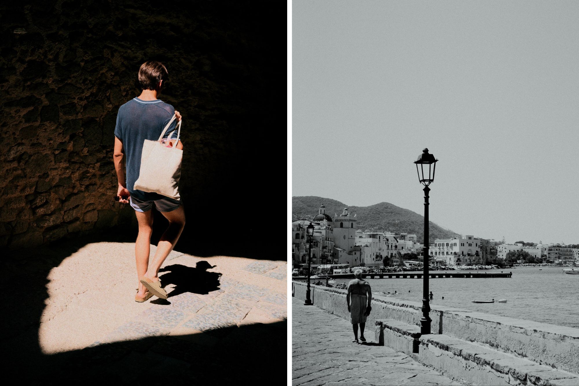 two film photos both of men walking in an italian street