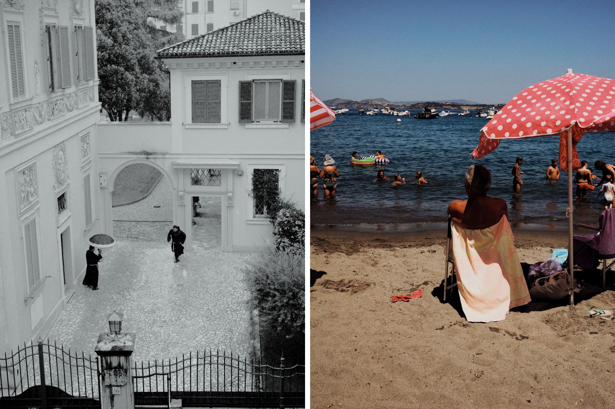 photo of an Italian street from above and a beach scene