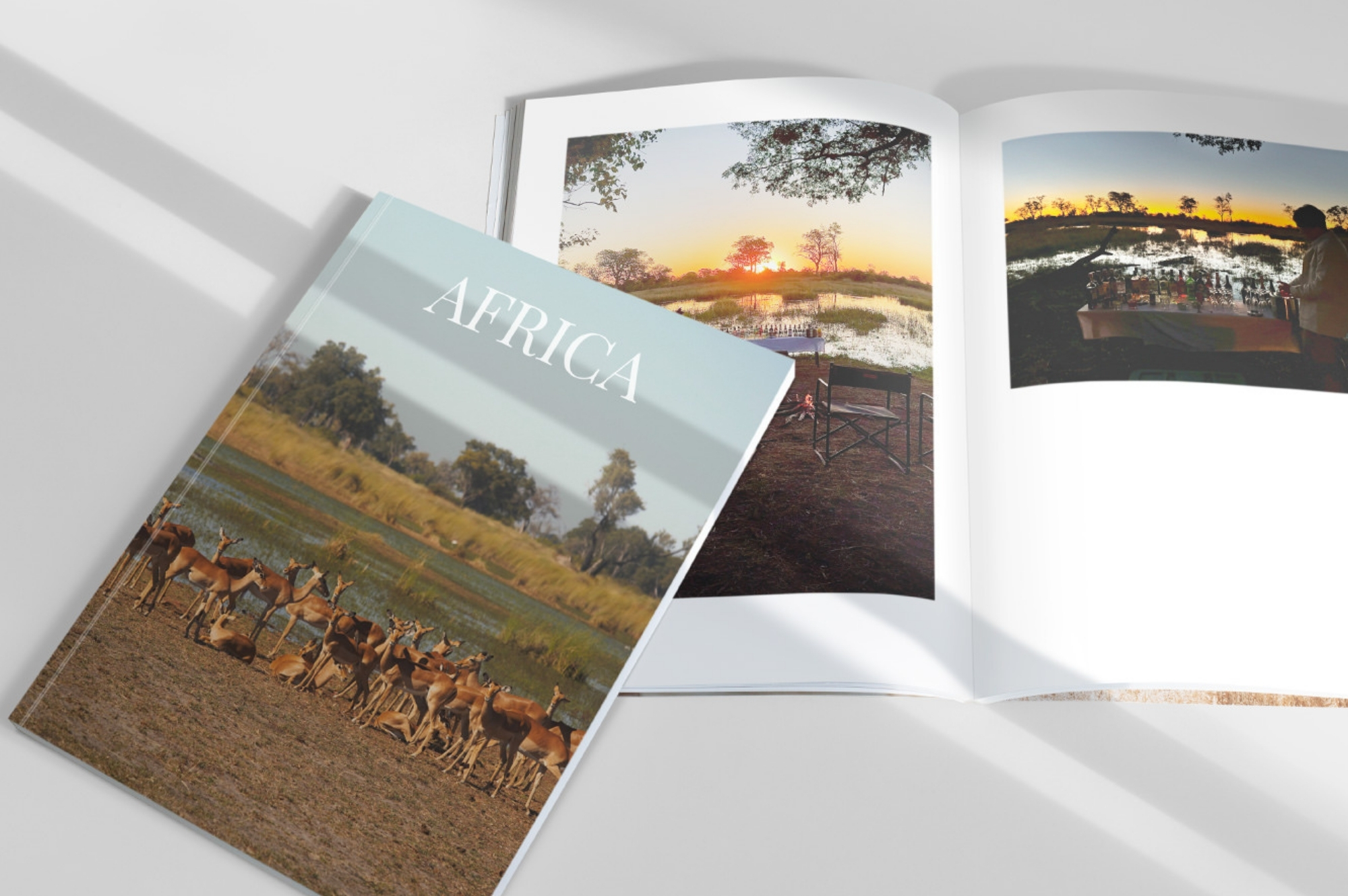 Two travel magazines with African savannah on cover and within the pages.
