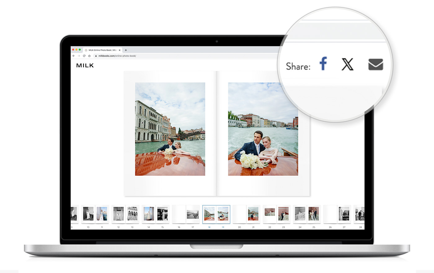 Laptop of MILK online photo flipbook with social media sharing function highlighted