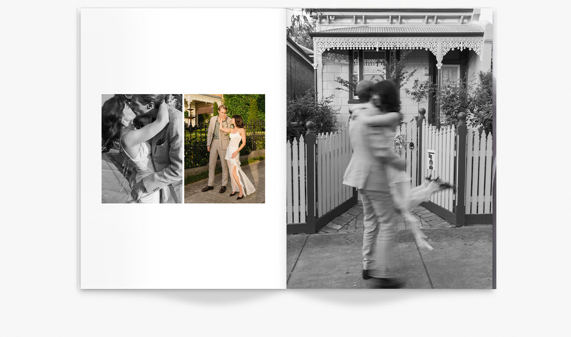 Open magazine showing a couple on their wedding day