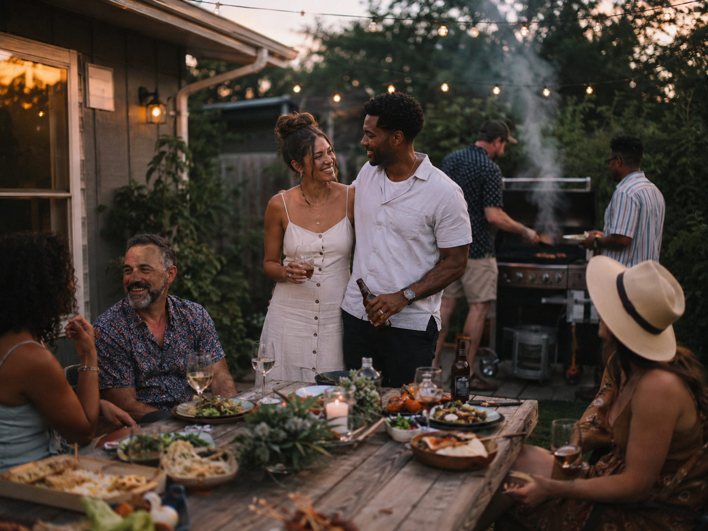 Outdoor, casual barbecue dinner party with a few guests