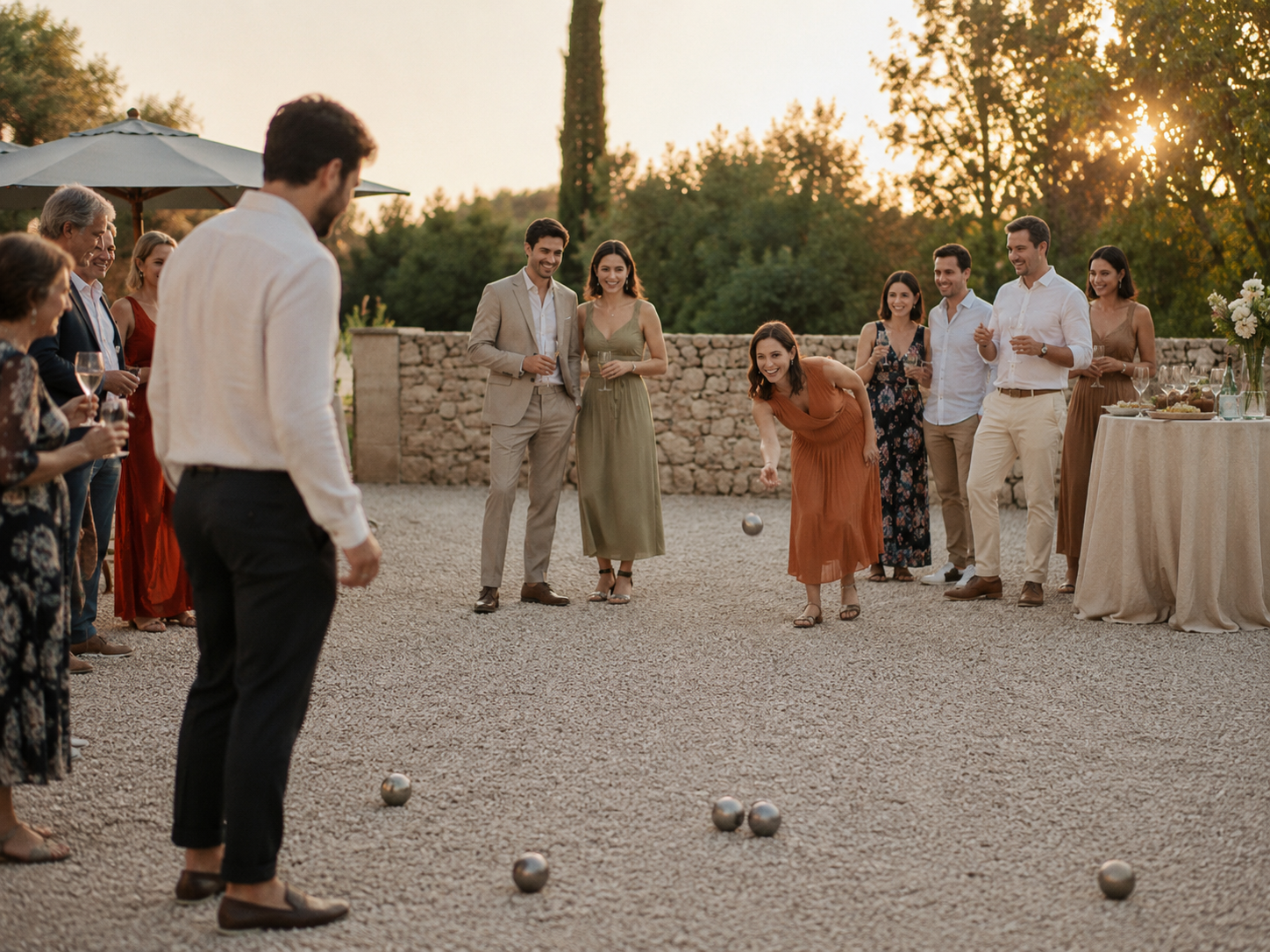 Formal, outdoor wedding guests playing lawn bowls