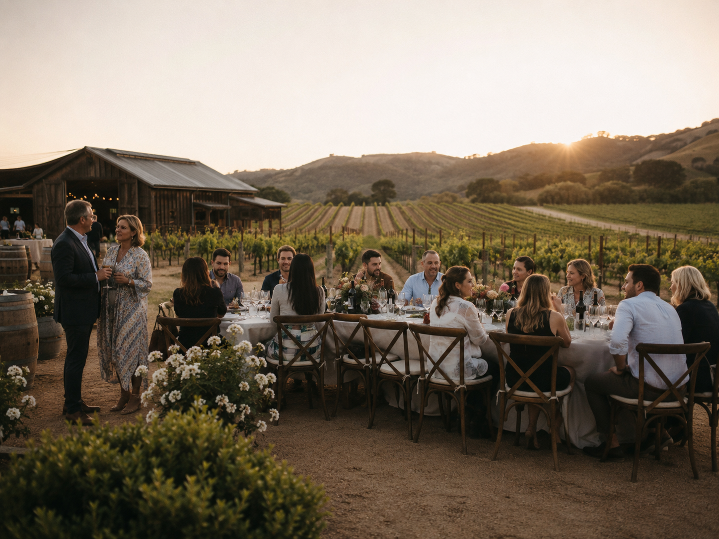 Formal, outdoor dinner party at a vineyard