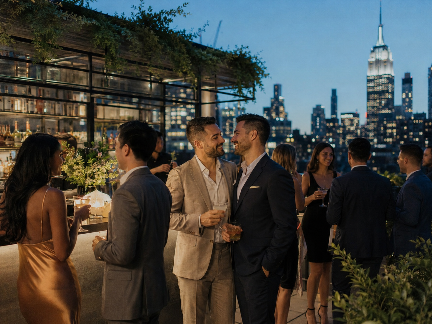 A couple at a formal, outdoor dinner party on a balcony