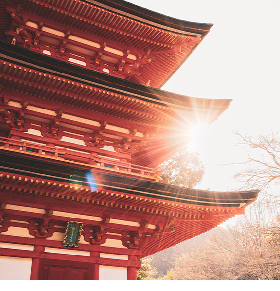 Image of a temple with the sun shining