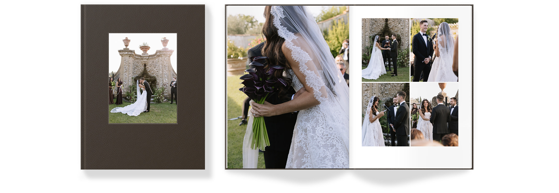 Gabrielle and Tyler Wedding photo book, open and cover