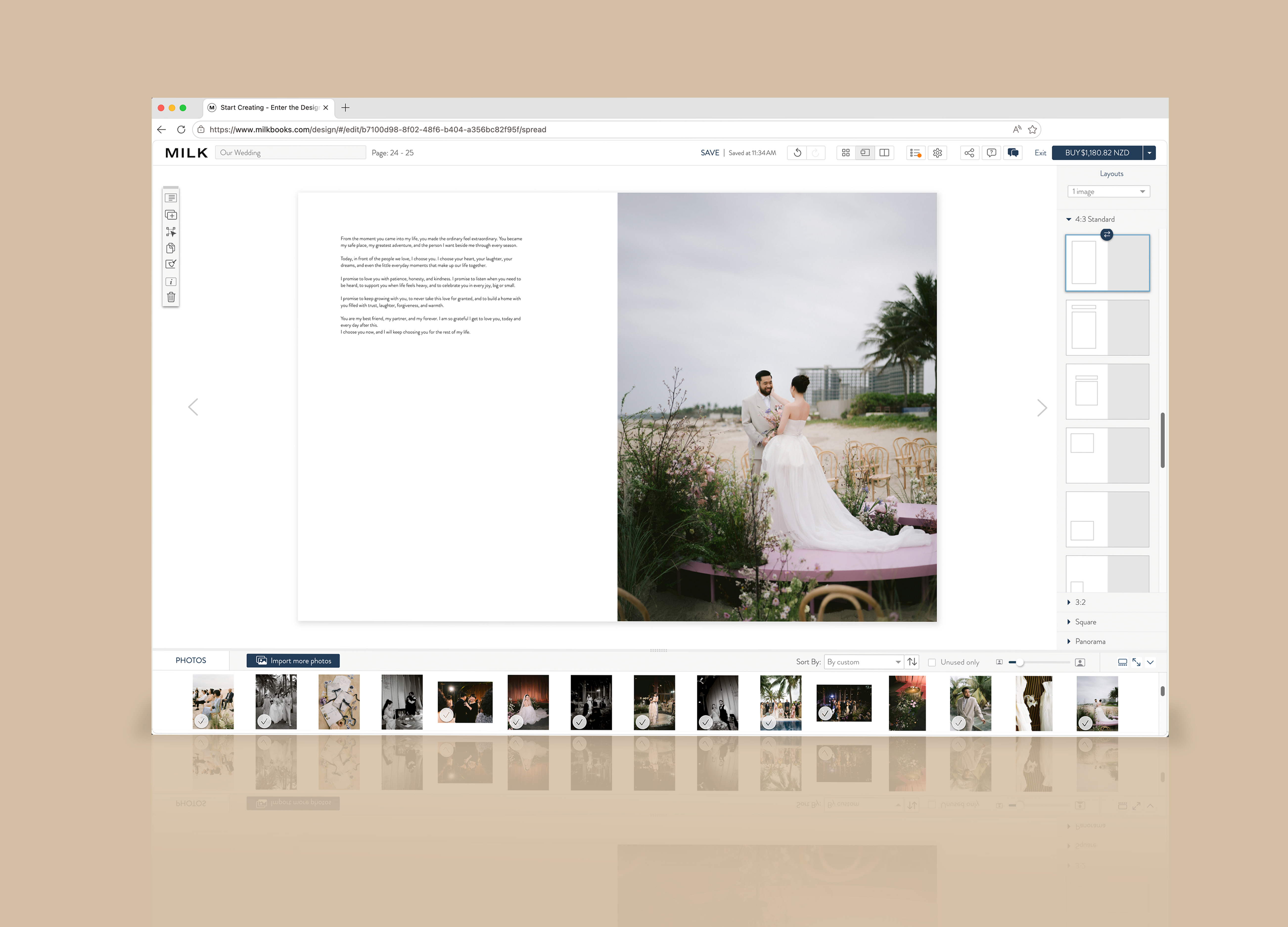 Online design studio showing text and image layout