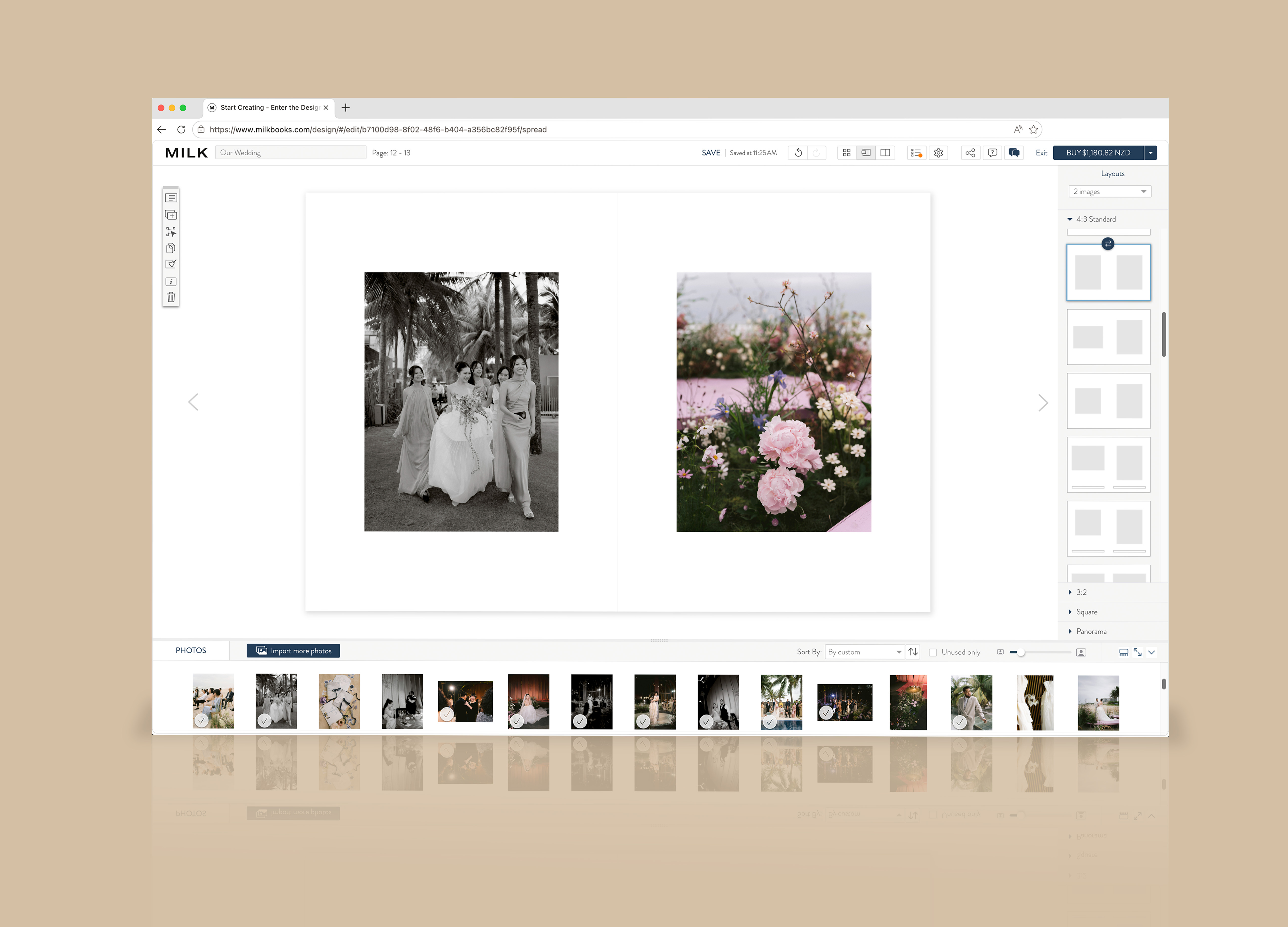 The online design studio showing the white space used in photo albums