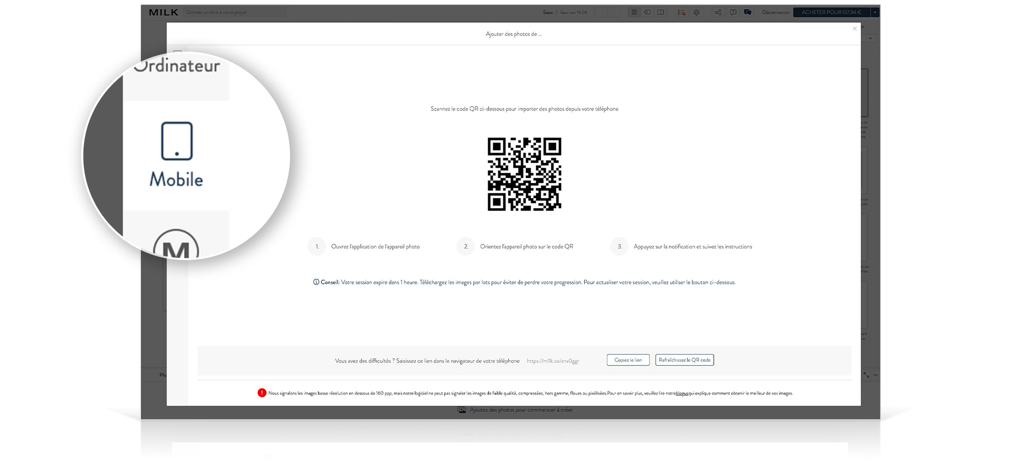 Capture d'écran du code QR apparaissant dans l'onglet Mobile dans Design Studio