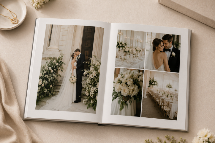 MILK wedding album opened on a table