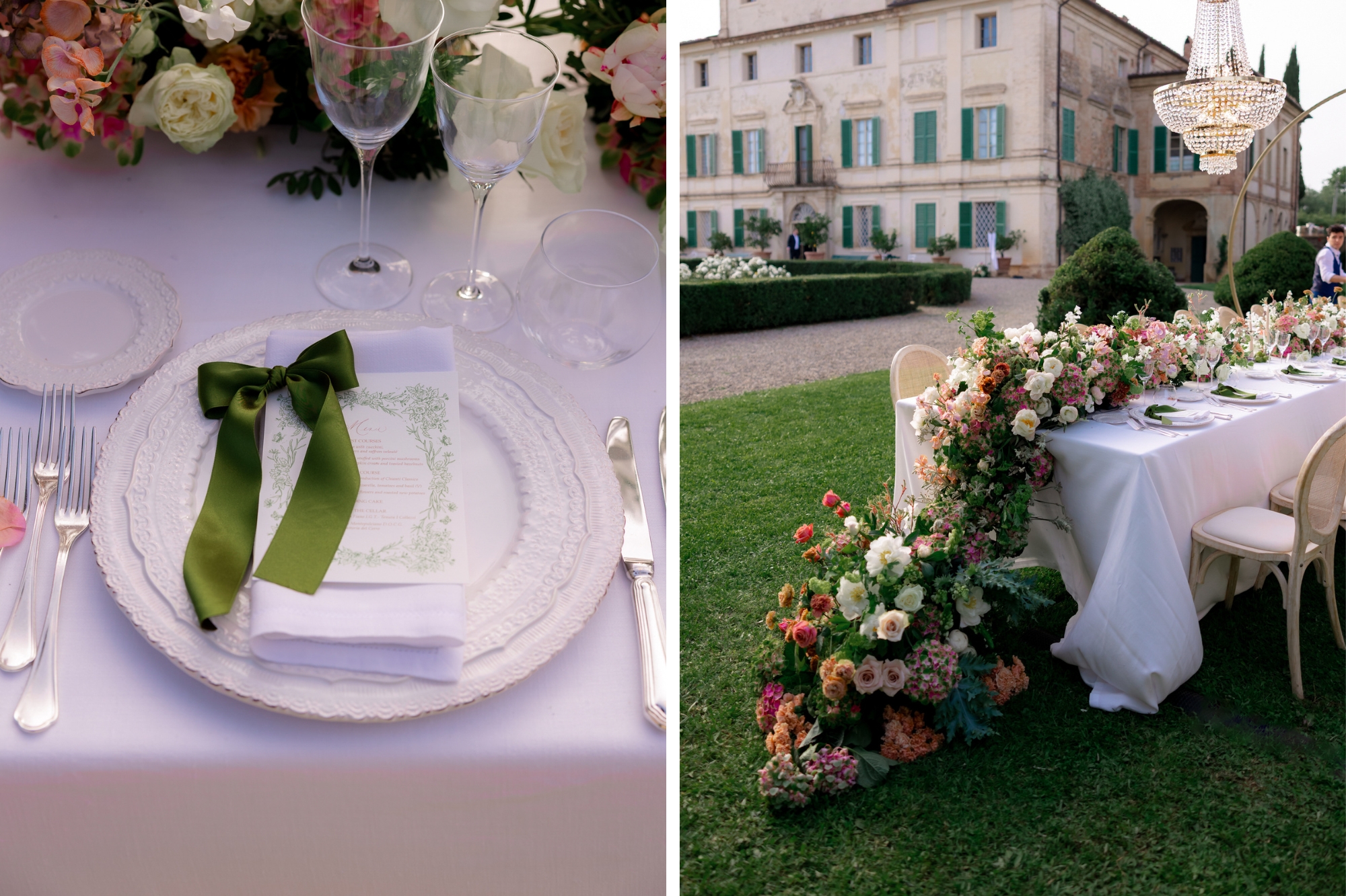 Elegant wedding color palette with closeup of table setting and florals on table