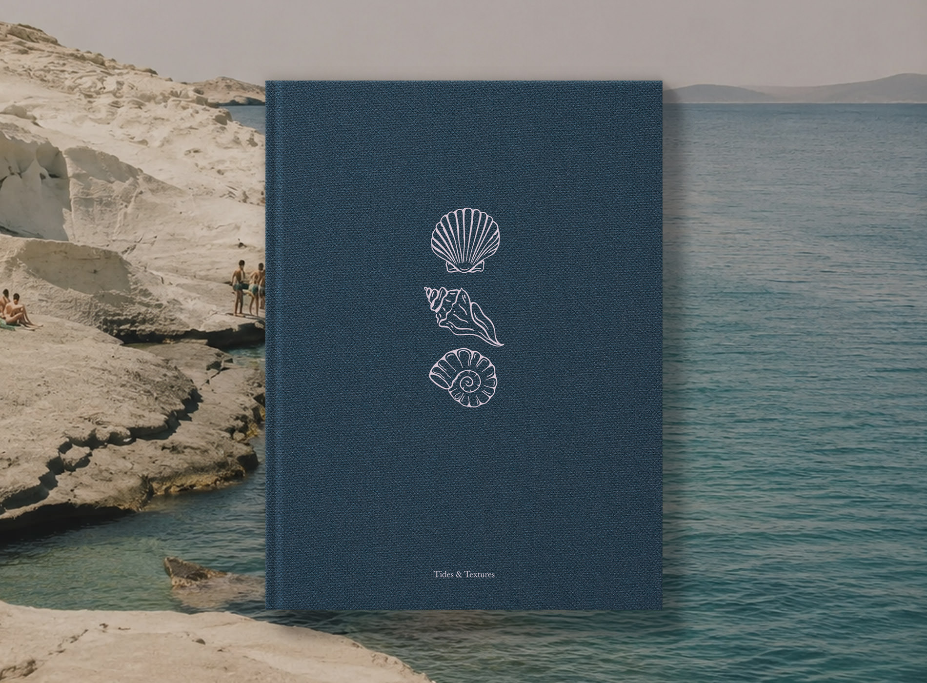 navy buckram photo book overlay photo of sea