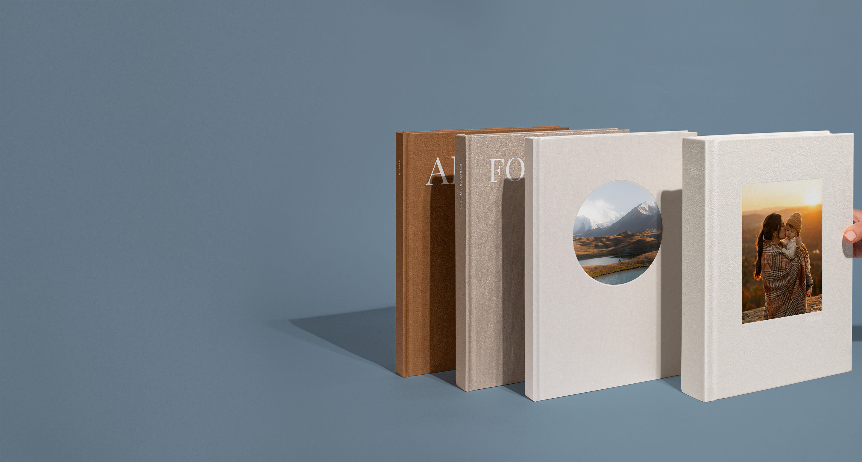Standing Photo Albums on a blue background
