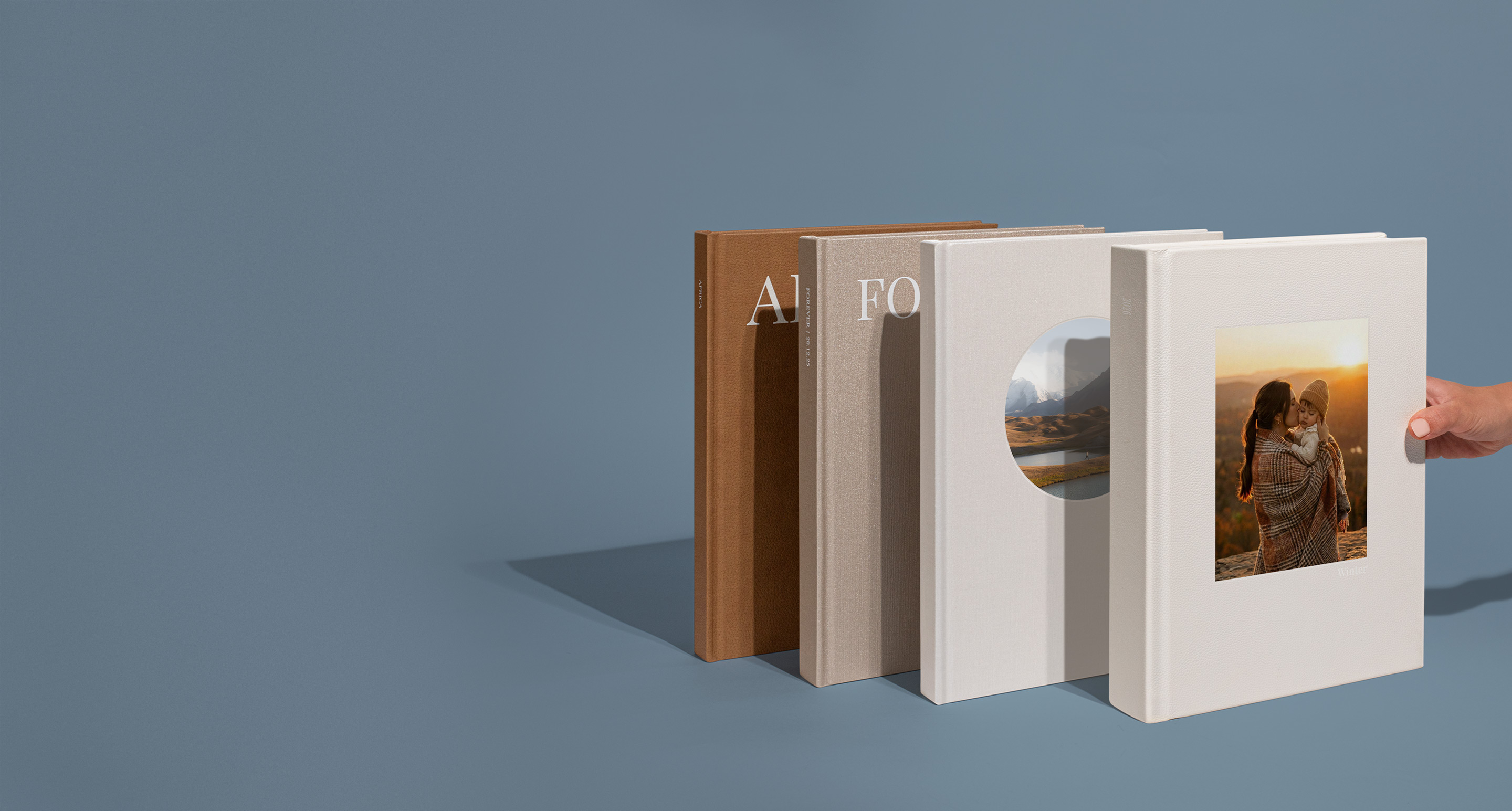 Standing Photo Albums on a blue background