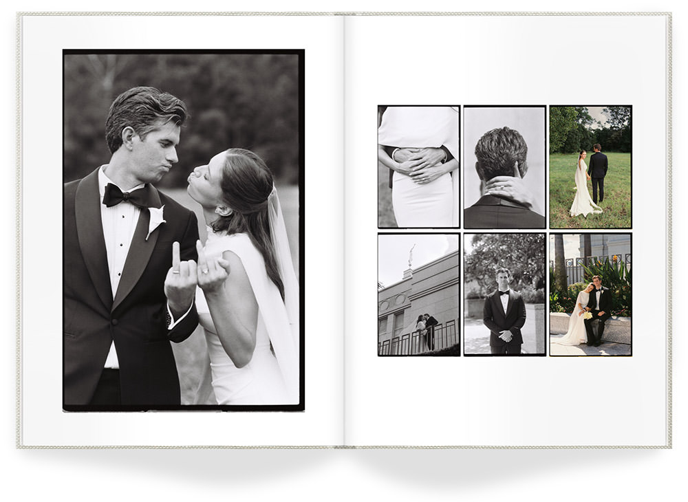 Open wedding album with film photography of newlyweds