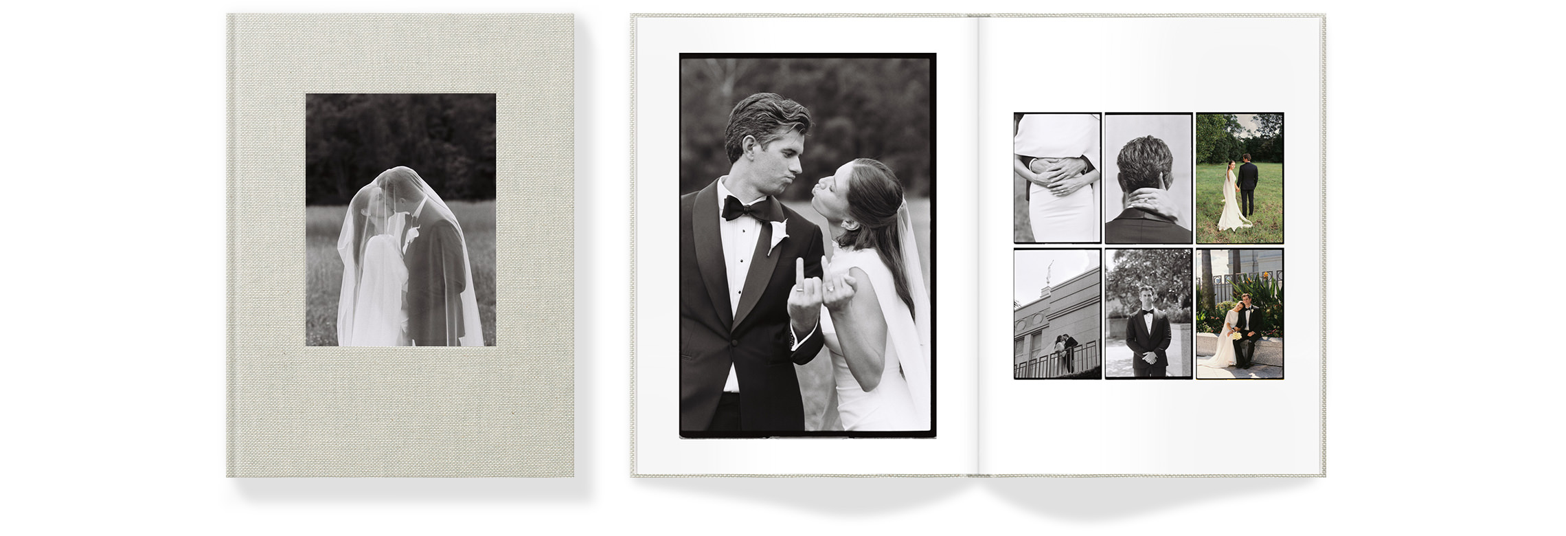 Newlywed portraits in wedding album with film photos