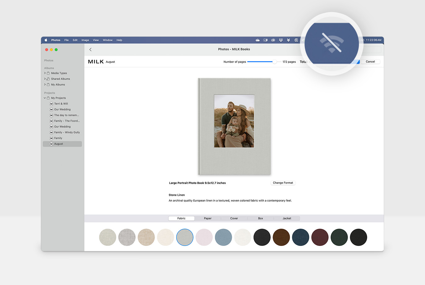 Captura de pantalla de la extensión para Mac MILK Design Studio destacando la falta de conexión wifi en la barra de menús