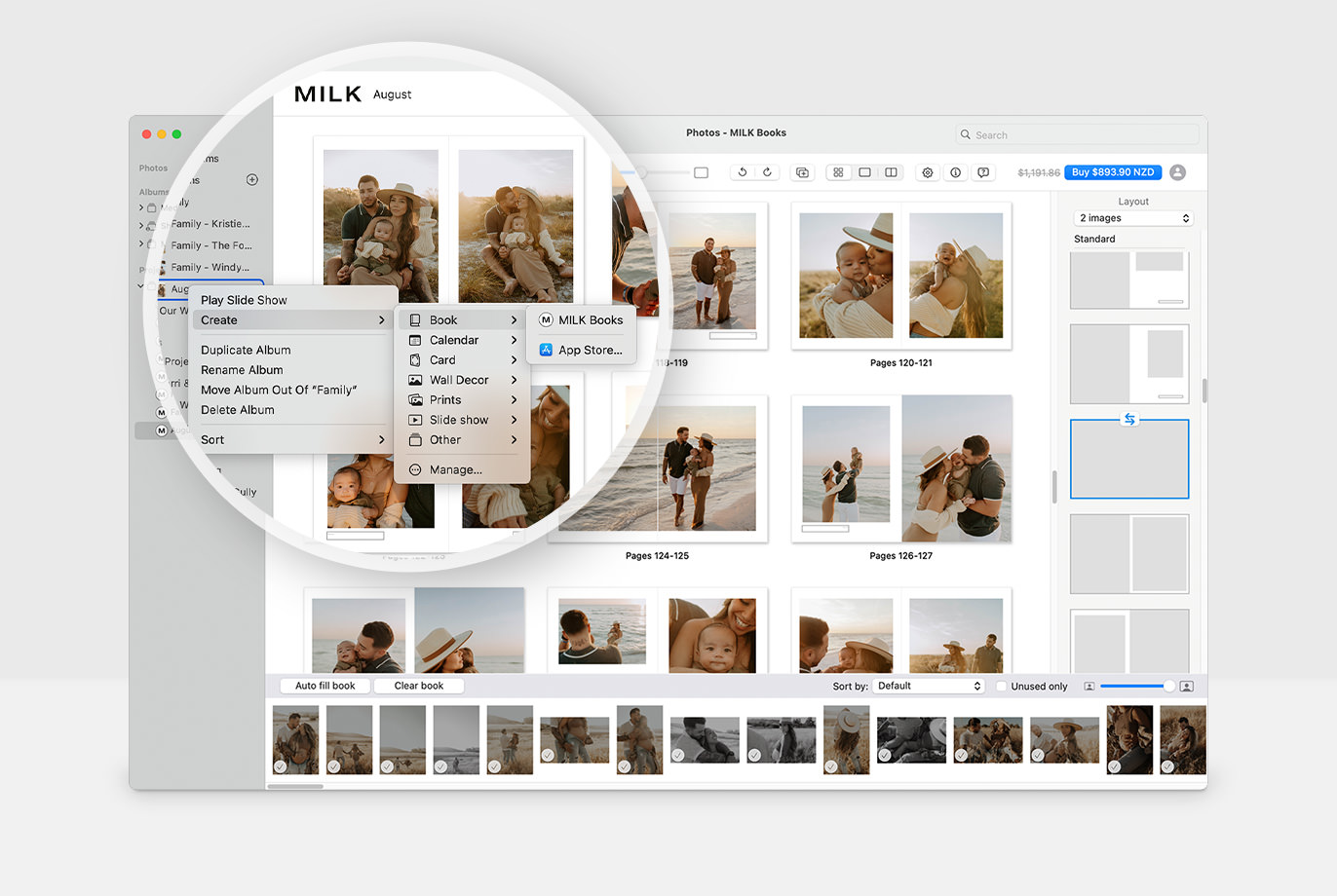 Captura de pantalla de la aplicación Fotos en un Mac, incluyendo una imagen superpuesta ampliada que muestra la ruta para abrir la extensión MILK directamente desde Fotos.